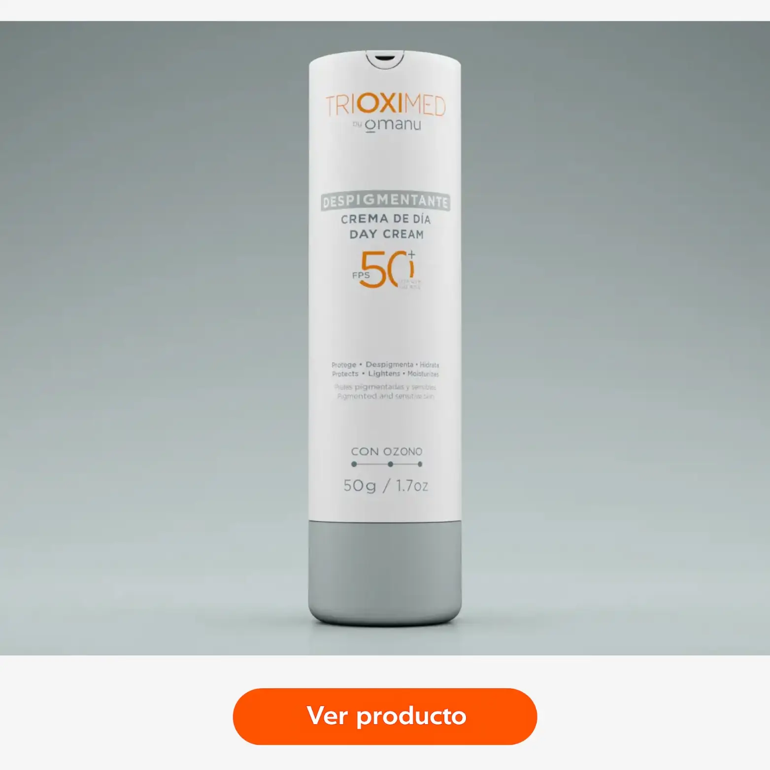 Crema de Día Despigmentante FPS 50+ de Trioximed con ozono para ayudar a reducir manchas y proteger la piel del sol.